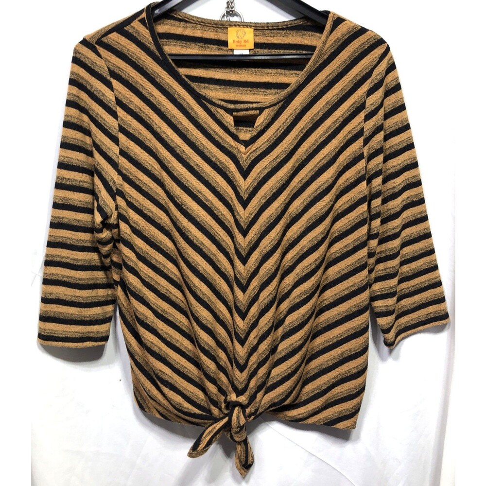 Ruby Rd Knit Sweater 2X Yellow Blk Chevron Stripe 3/4 sleeve Tie Front capsule